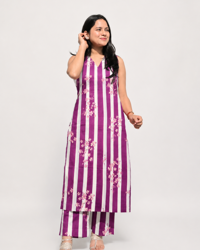PURPLE LINING FLOWER BOOTA KURTA BOTTOM SET