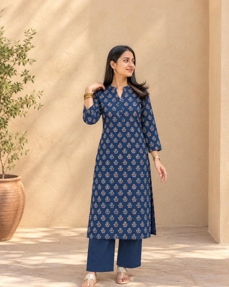 INDIGO MOTIF KURTA BOTTOM SET