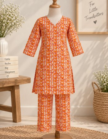 ORANGE KANTHA KIDS KURTA PANT SET