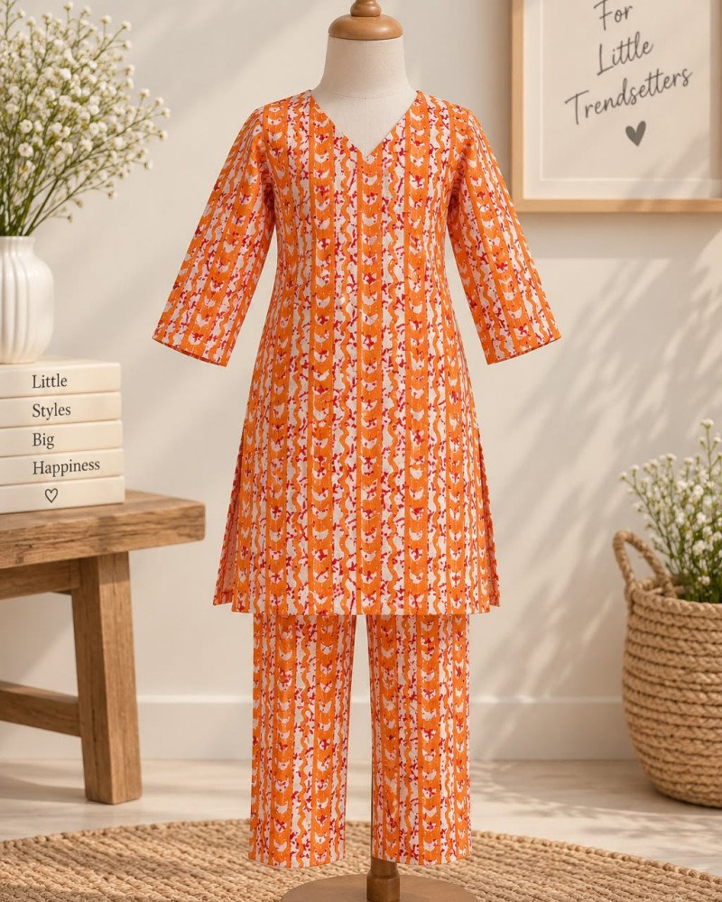 ORANGE KANTHA KIDS KURTA PANT SET