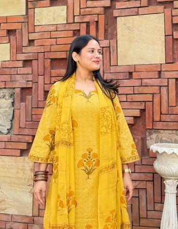 MUSTARD SCHIFFILI PRINTED COTTON SUIT SET