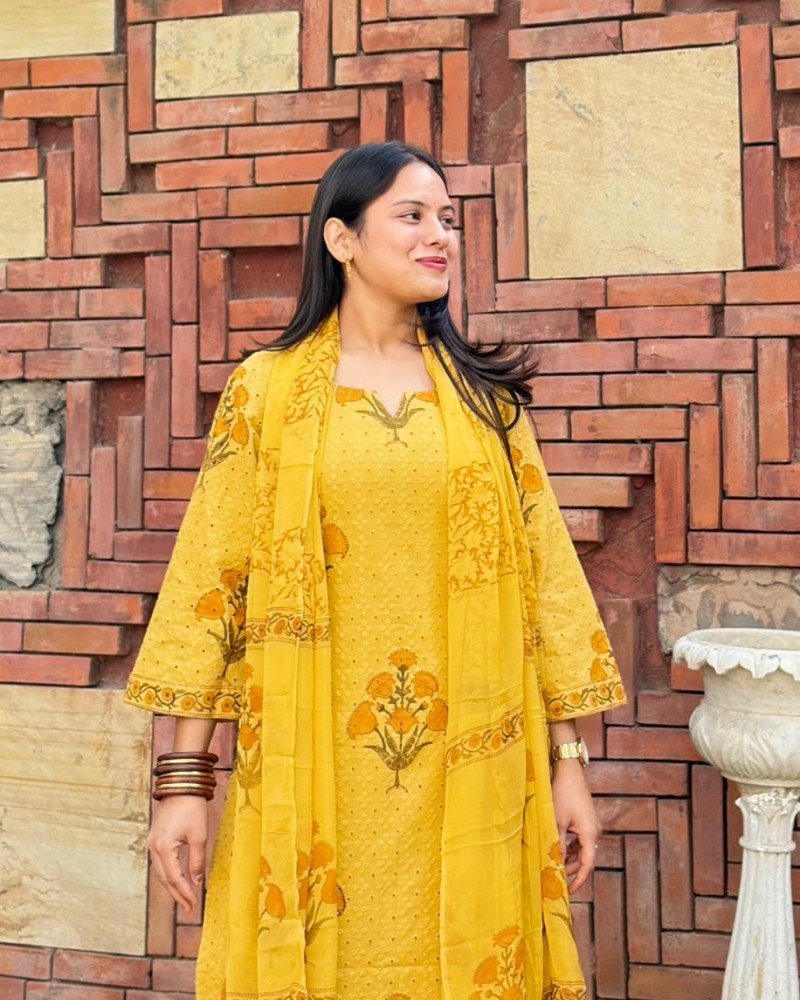 MUSTARD SCHIFFILI PRINTED COTTON SUIT SET