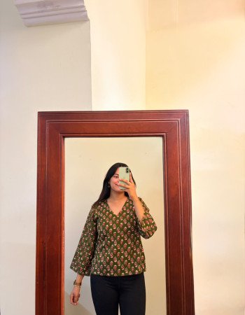 DARK GREEN BOOTA SUPER SHORT STRAIGHT KURTI