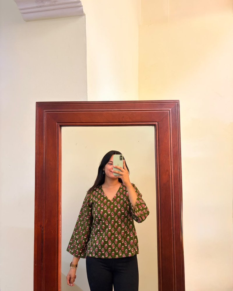 DARK GREEN BOOTA SUPER SHORT STRAIGHT KURTI