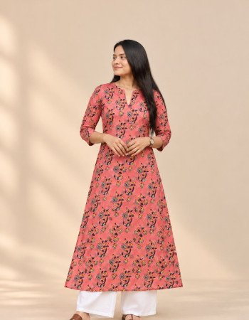 PINK BLUE FLOWER CHANDERI  A LINE KURTI