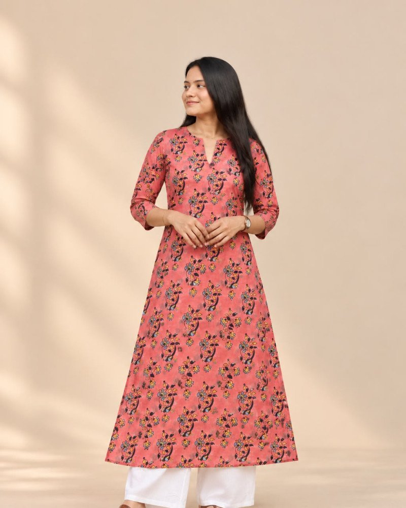 PINK BLUE FLOWER CHANDERI  A LINE KURTI