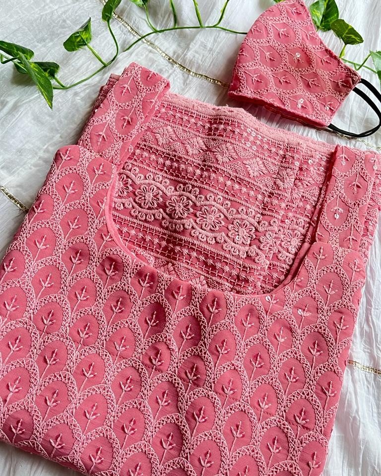 PINK CHIKANKARI LONG STRAIGHT KURTI