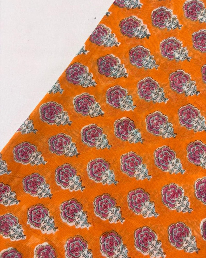 ORANGE FLOWER CHANDERI  A LINE KURTI