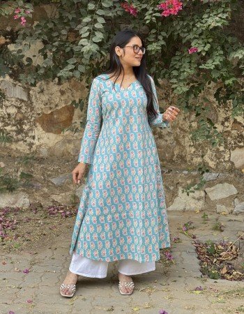 BLUE FLORAL MOTIF A LINE KURTI
