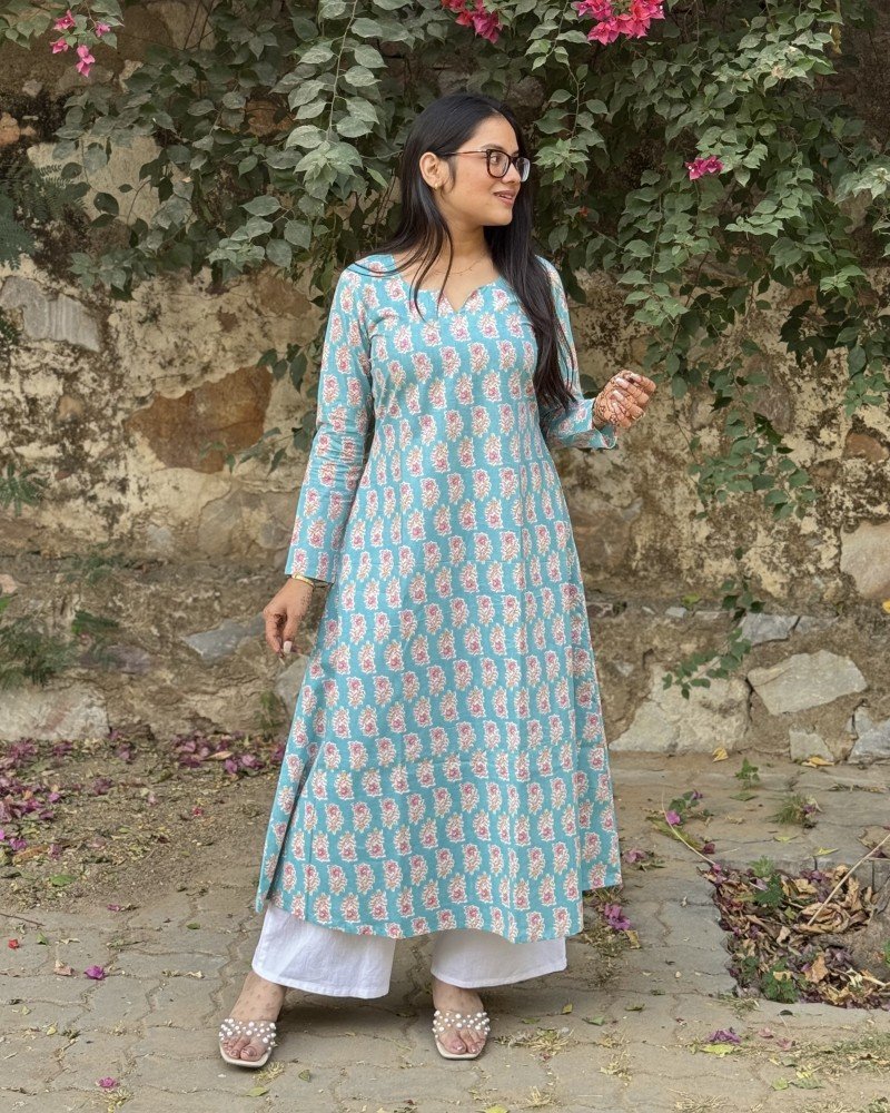 BLUE FLORAL MOTIF A LINE KURTI