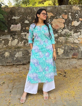 LIGHT FEROZI FLOWER MOTIF LONG STRAIGHT KURTI