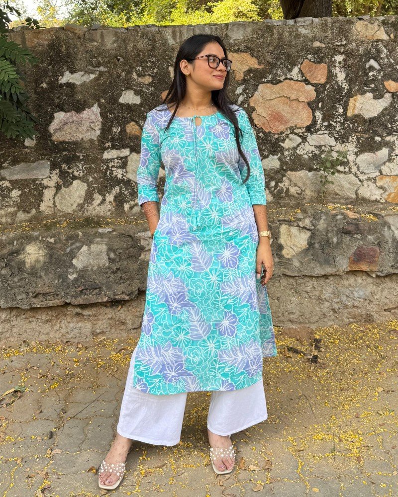LIGHT FEROZI FLOWER MOTIF LONG STRAIGHT KURTI