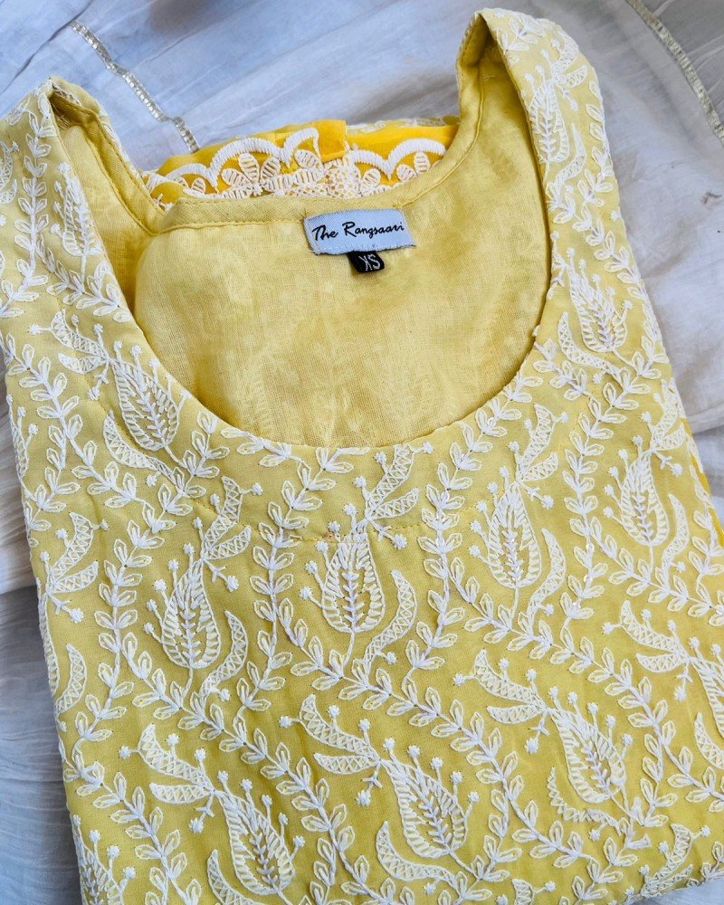 YELLOW DUAL SHADE CHIKANKARI LONG STRAIGHT KURTI