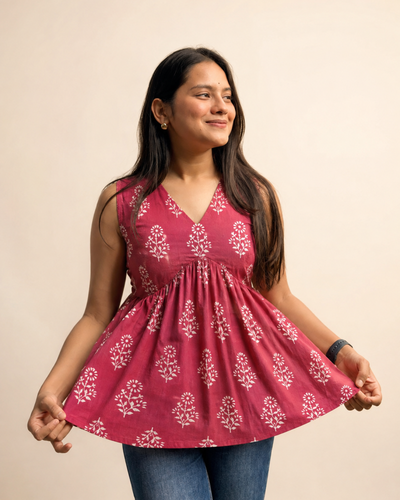 MAROON MOTIF CLAIRE TOP