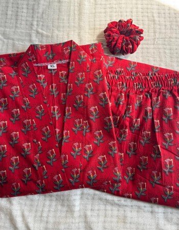 RED LITTLE FLORAL MOTIF KURTA BOTTOM SET