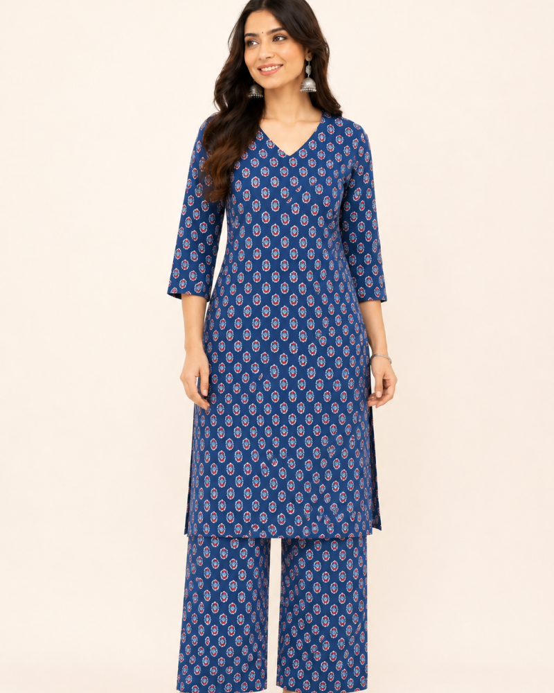 INDIGO MOTIF KURTA BOTTOM SET