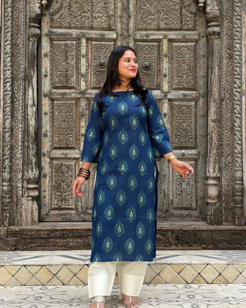 DARK BLUE MOTIFS LONG STRAIGHT KURTI