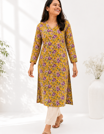 MUSTARD FLORAL LONG STRAIGHT KURTI