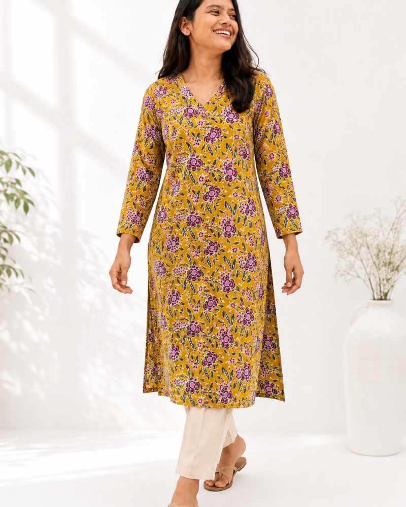 MUSTARD FLORAL LONG STRAIGHT KURTI