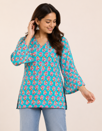 BLUE PINK SHORT STRAIGHT KURTI