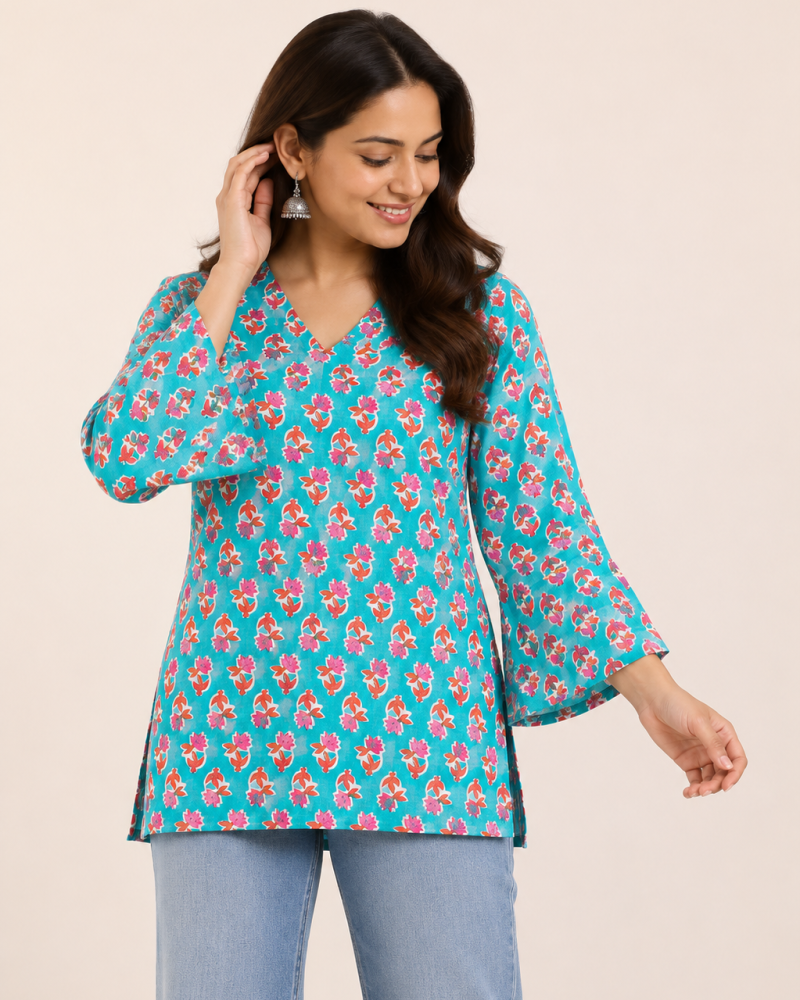 BLUE PINK SHORT STRAIGHT KURTI