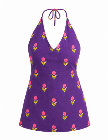 PURPLE PINK FLOWER BOOTA BACKLESS SHORT KURTI