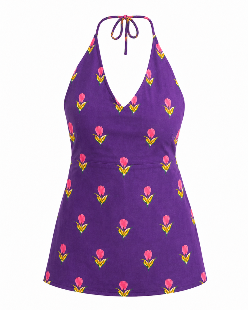 PURPLE PINK FLOWER BOOTA BACKLESS SHORT KURTI