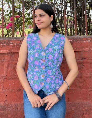 BLUE FLORAL HANDBLOCK VEST TOP