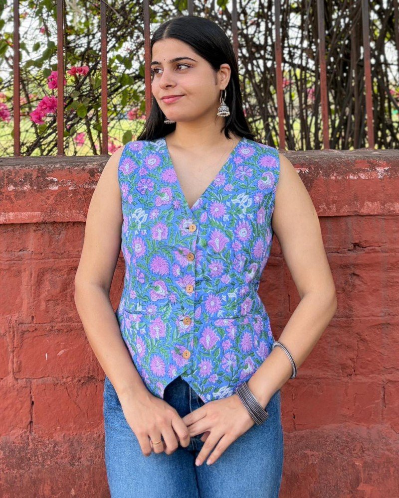 BLUE FLORAL HANDBLOCK VEST TOP