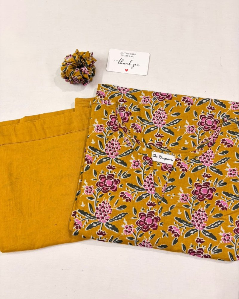 MUSTARD PINK FLORALS KURTA BOTTOM SET