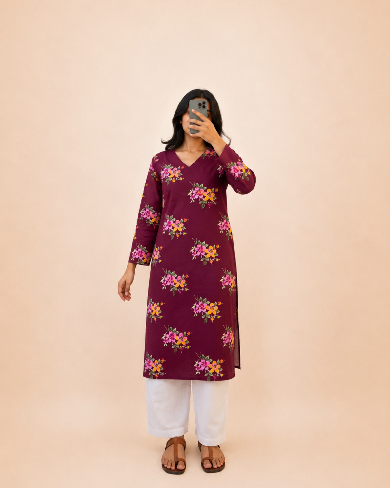 DARK MAROON FLOWER  LONG STRAIGHT KURTI