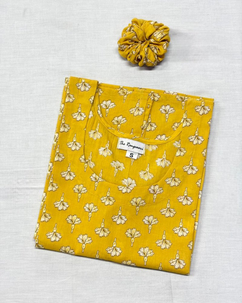 YELLOW FLOWER BOOTA LONG STRAIGHT KURTI