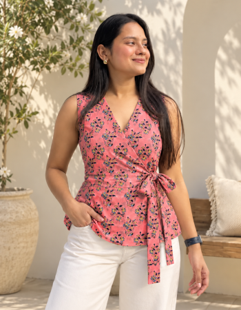 PINK BLUE CHANDERI KNOT TOP
