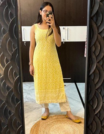 YELLOW DUAL SHADE CHIKANKARI LONG STRAIGHT KURTI