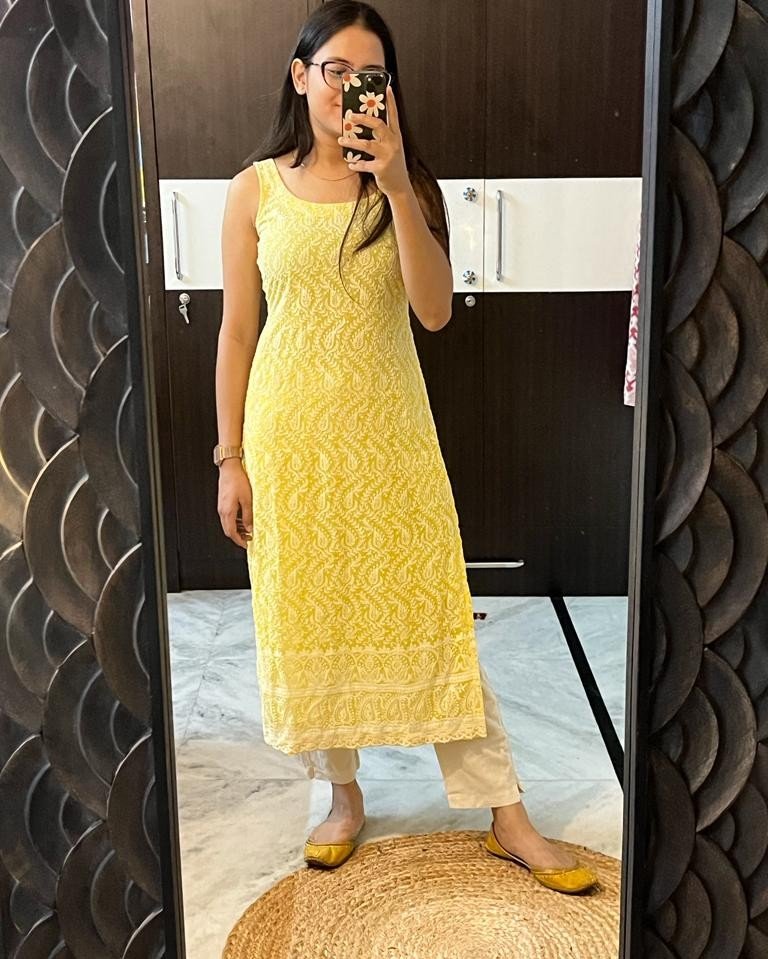 YELLOW DUAL SHADE CHIKANKARI LONG STRAIGHT KURTI
