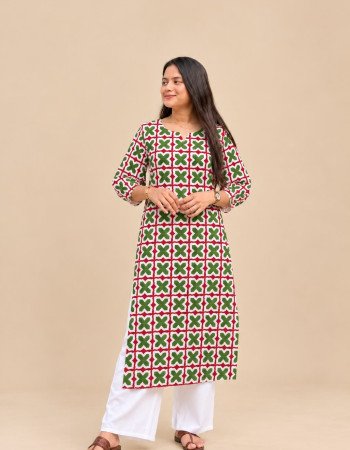 WHITE GREEN HANDBLOCK LONG STRAIGHT KURTI