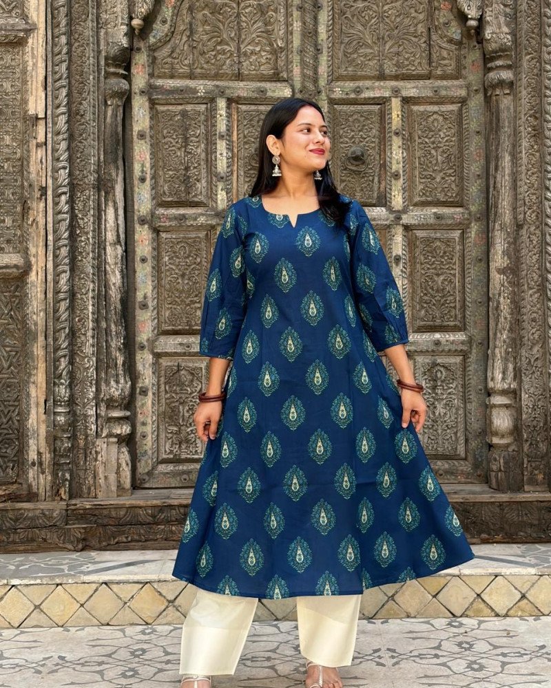DARK BLUE MOTIFS A LINE KURTI