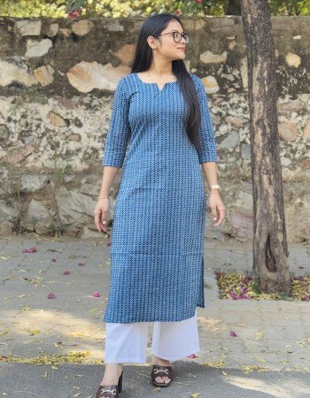 INDIGO ZIG ZAGS MOTIFS LONG STRAIGHT KURTI