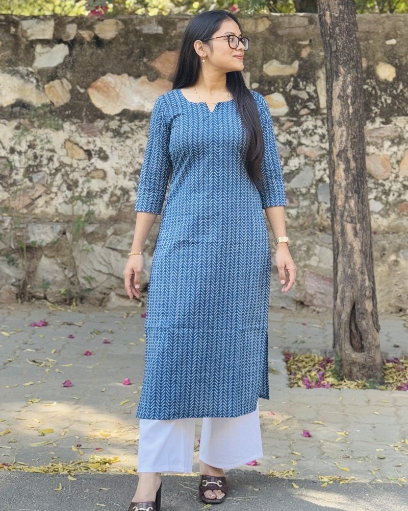 INDIGO ZIG ZAGS MOTIFS LONG STRAIGHT KURTI