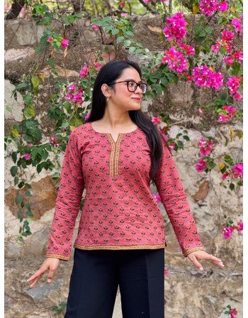 BLUE FLOWER BOOTA SUPER SHORT STRAIGHT KURTI 