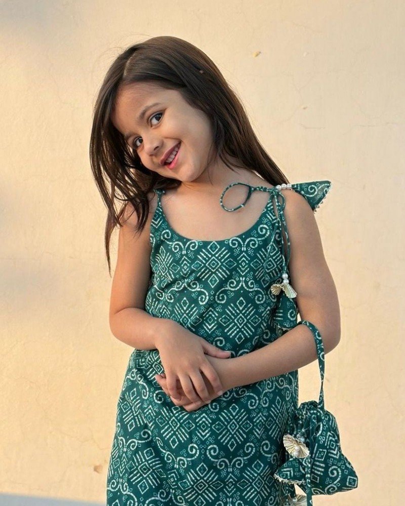 TEAL BANDHANI MOTIF KIDS KURTA PANT SET
