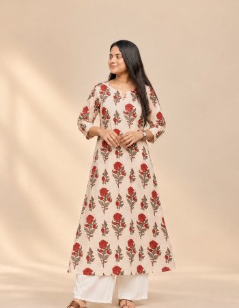 OFFWHITE FLOWER CHANDERI  A LINE KURTI