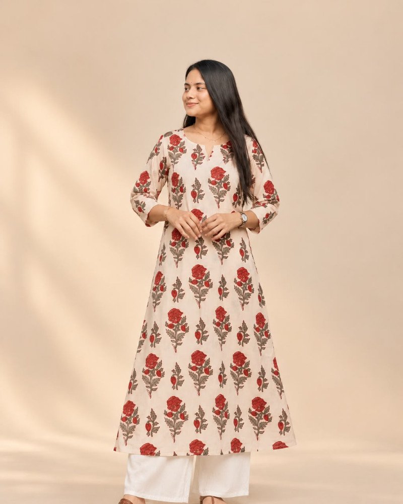 OFFWHITE FLOWER CHANDERI  A LINE KURTI