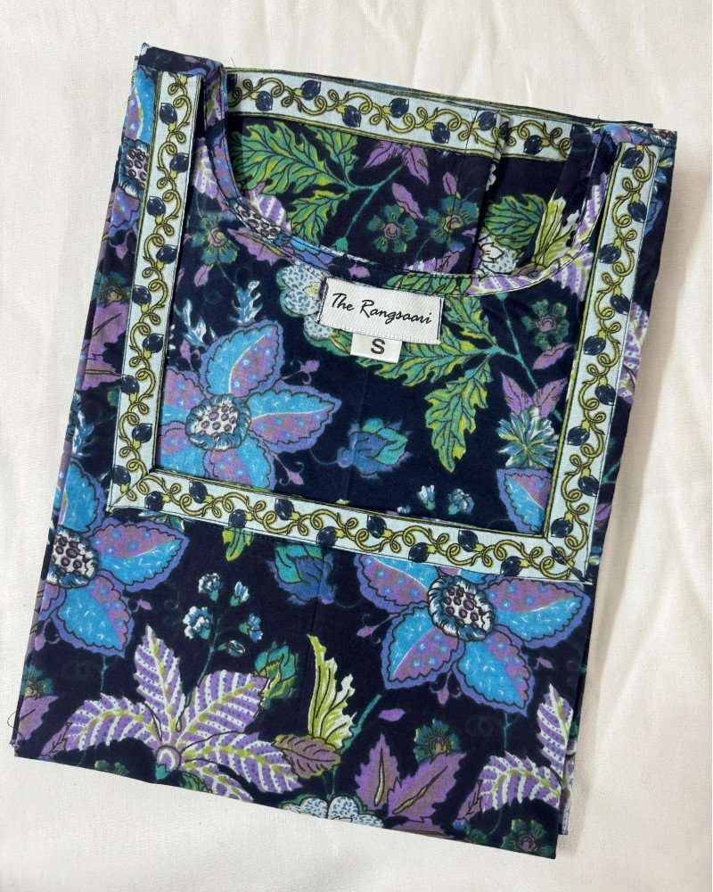 DARK BLUE FLORAL LONG STRAIGHT KURTI