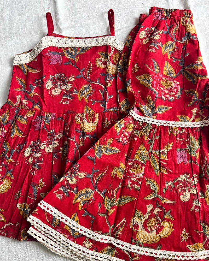 RED FLORALS MOTIF SHARARA SET KIDS DRESS