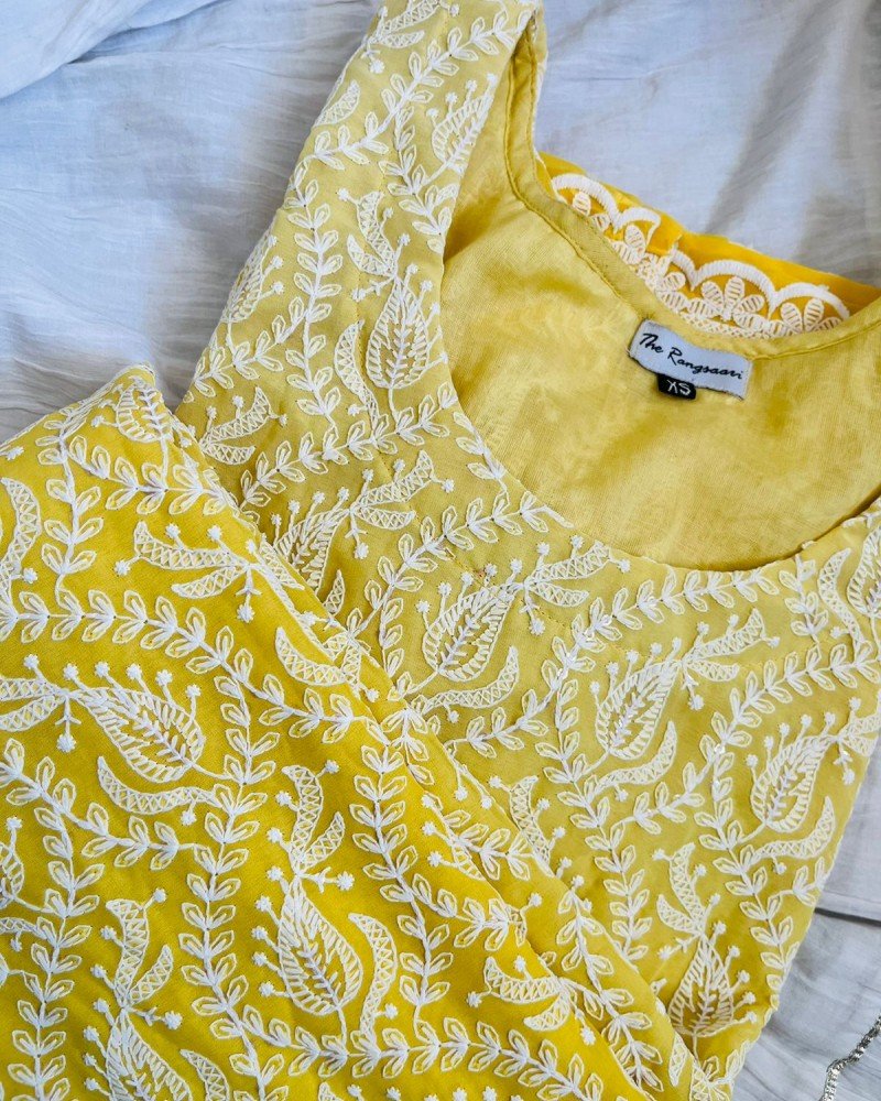 YELLOW DUAL SHADE CHIKANKARI LONG STRAIGHT KURTI