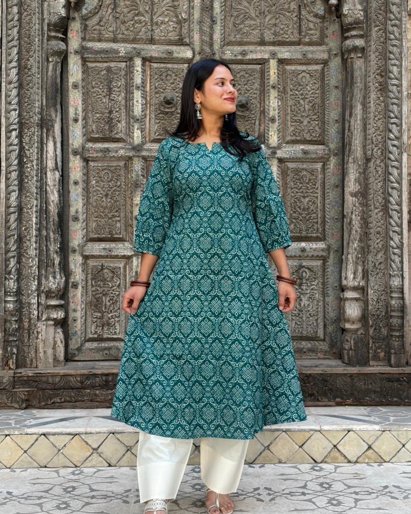 TEAL BANDHANI MOTIF A LINE KURTI