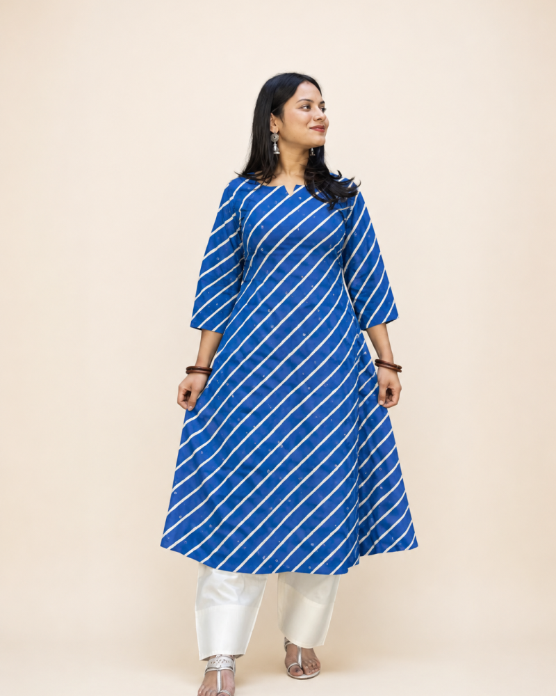 BLUE LEHERIYA A LINE KURTI