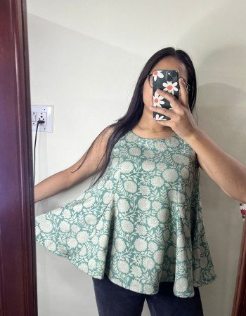 GREEN FLORAL CHANDERI SILK PRINCESS CUT TOP