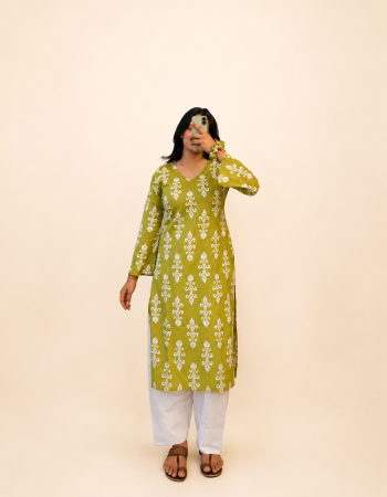 LIGHT GREEN MOTIF LONG STRAIGHT KURTI
